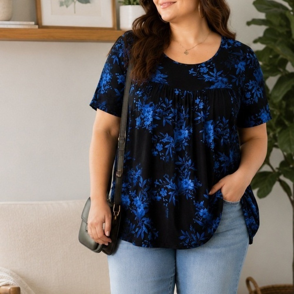 Tencede Womens Floral Babydoll Top Size 3XL Short Sleeve Boho Feminine Stretch